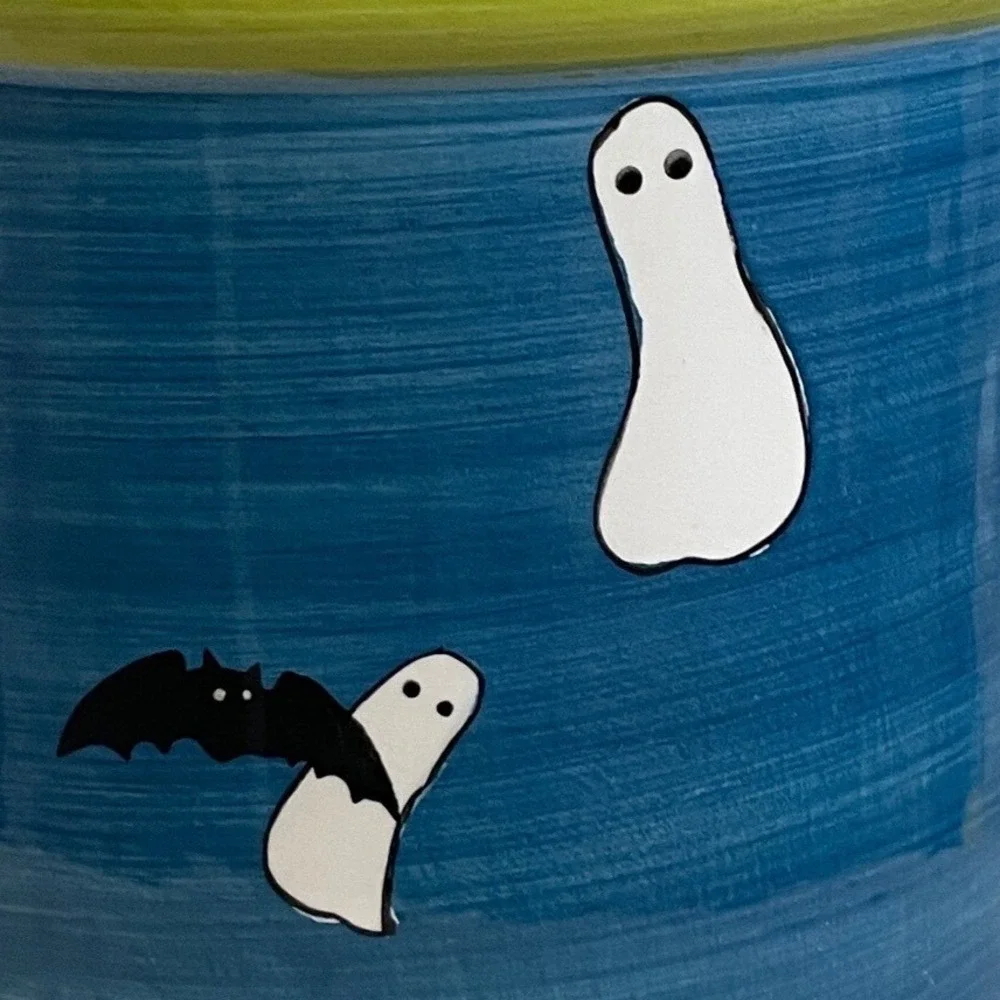 Vtg Y2K Hausenware Halloween Cookie Jar Canister Ghost Bat Pumpkin Blue Green